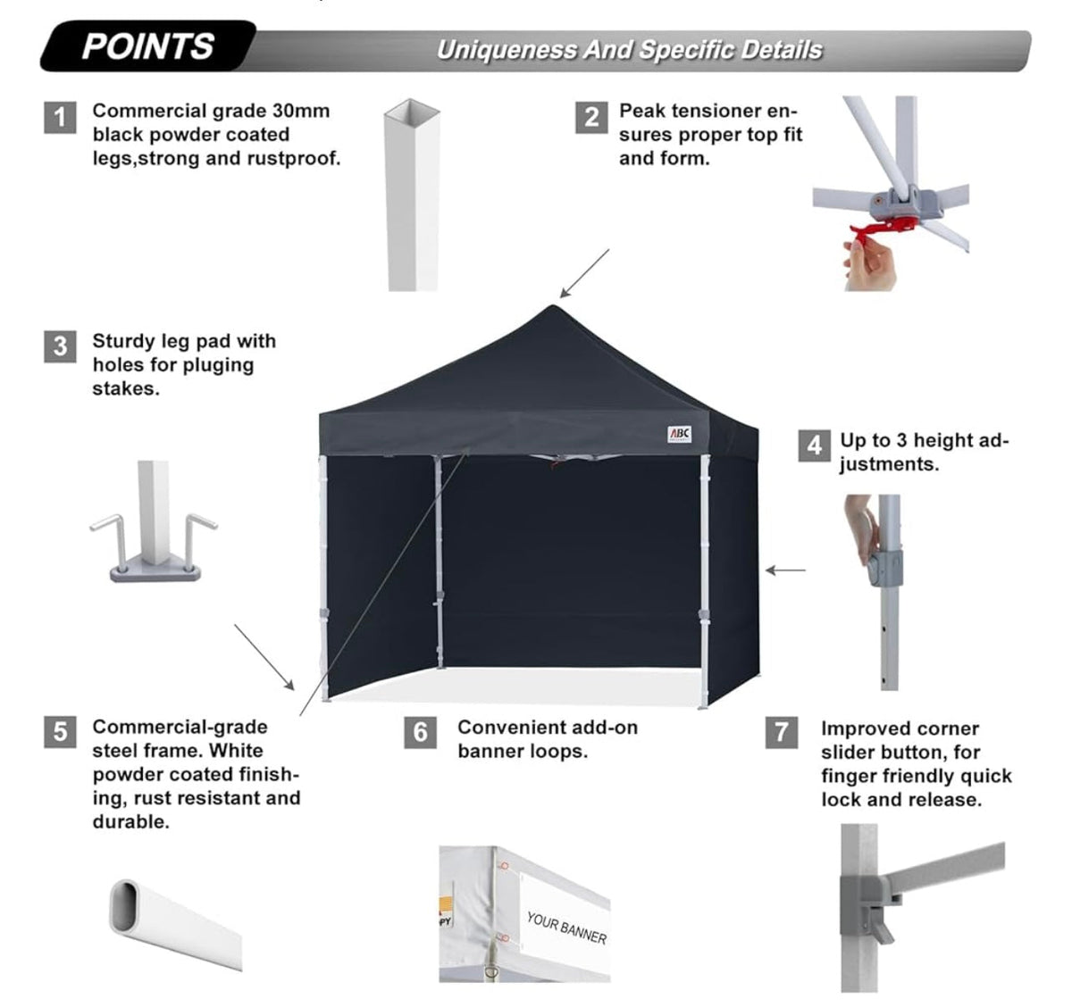 Easy Pop Up Canopy Tent with Sidewalls 8x8 Commercial -Series, Black