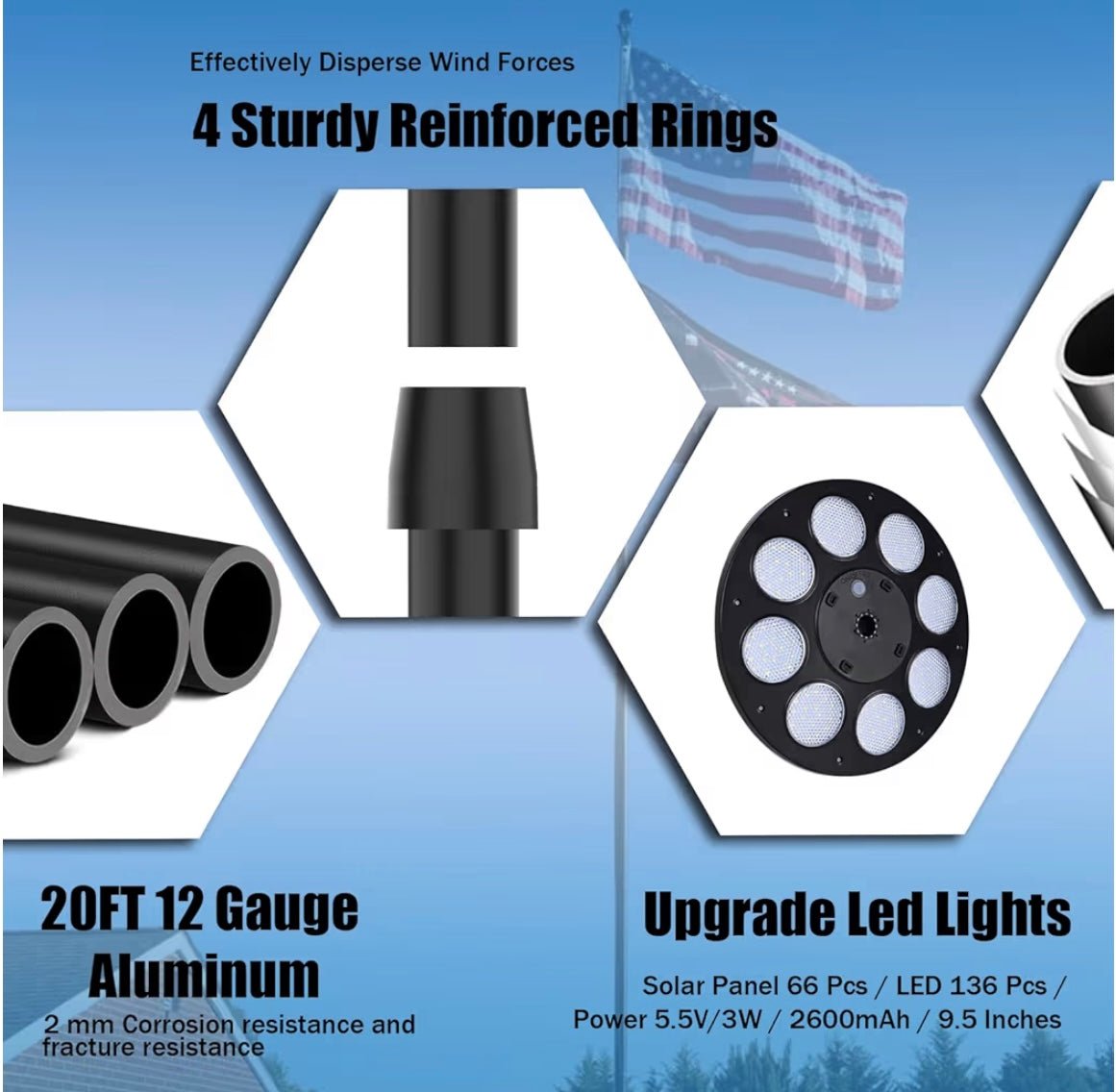 Flag Pole For Outside House With 136 Led Solar Light, 20FT 12 Gauge Heavy Duty Flagpole Kit In Ground With 3x5 American Flag For Yard And Commercial, 110MPH Wind Tested, Black