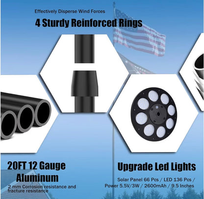 Flag Pole For Outside House With 136 Led Solar Light, 20FT 12 Gauge Heavy Duty Flagpole Kit In Ground With 3x5 American Flag For Yard And Commercial, 110MPH Wind Tested, Black