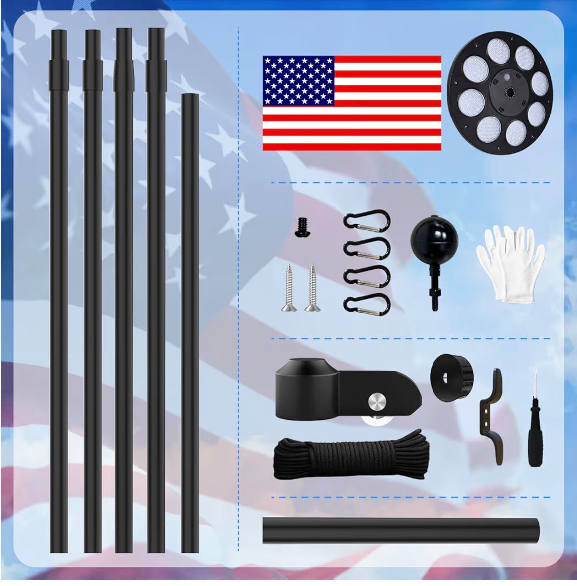 Flag Pole For Outside House With 136 Led Solar Light, 20FT 12 Gauge Heavy Duty Flagpole Kit In Ground With 3x5 American Flag For Yard And Commercial, 110MPH Wind Tested, Black