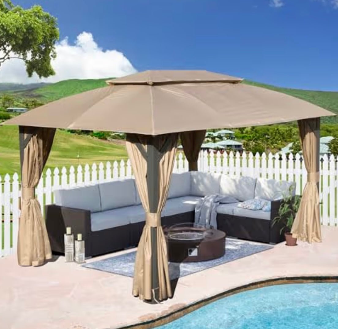 Gazebo 10x14FT, Outdoor Gazebo with Double Roofs, Privacy Curtains, Mosquito Nettings, Heavy Duty Metal Frame Party Tent Canopy for Patio, Backyard, Deck, Lawn, Brown