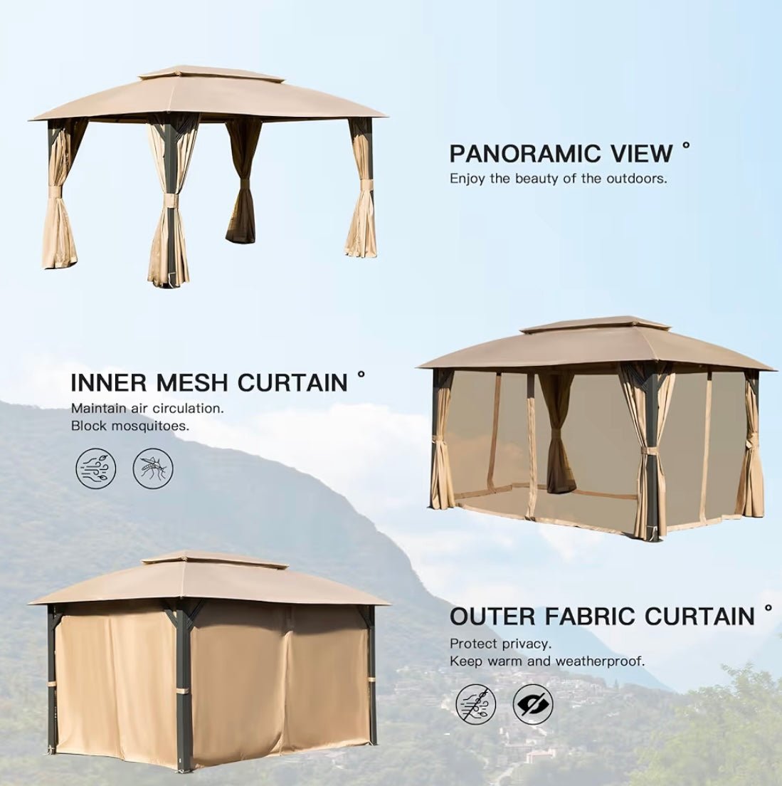 Gazebo 10x14FT, Outdoor Gazebo with Double Roofs, Privacy Curtains, Mosquito Nettings, Heavy Duty Metal Frame Party Tent Canopy for Patio, Backyard, Deck, Lawn, Brown