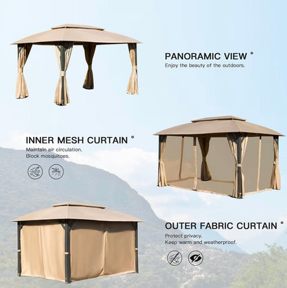 Gazebo 10x14FT, Outdoor Gazebo with Double Roofs, Privacy Curtains, Mosquito Nettings, Heavy Duty Metal Frame Party Tent Canopy for Patio, Backyard, Deck, Lawn, Brown