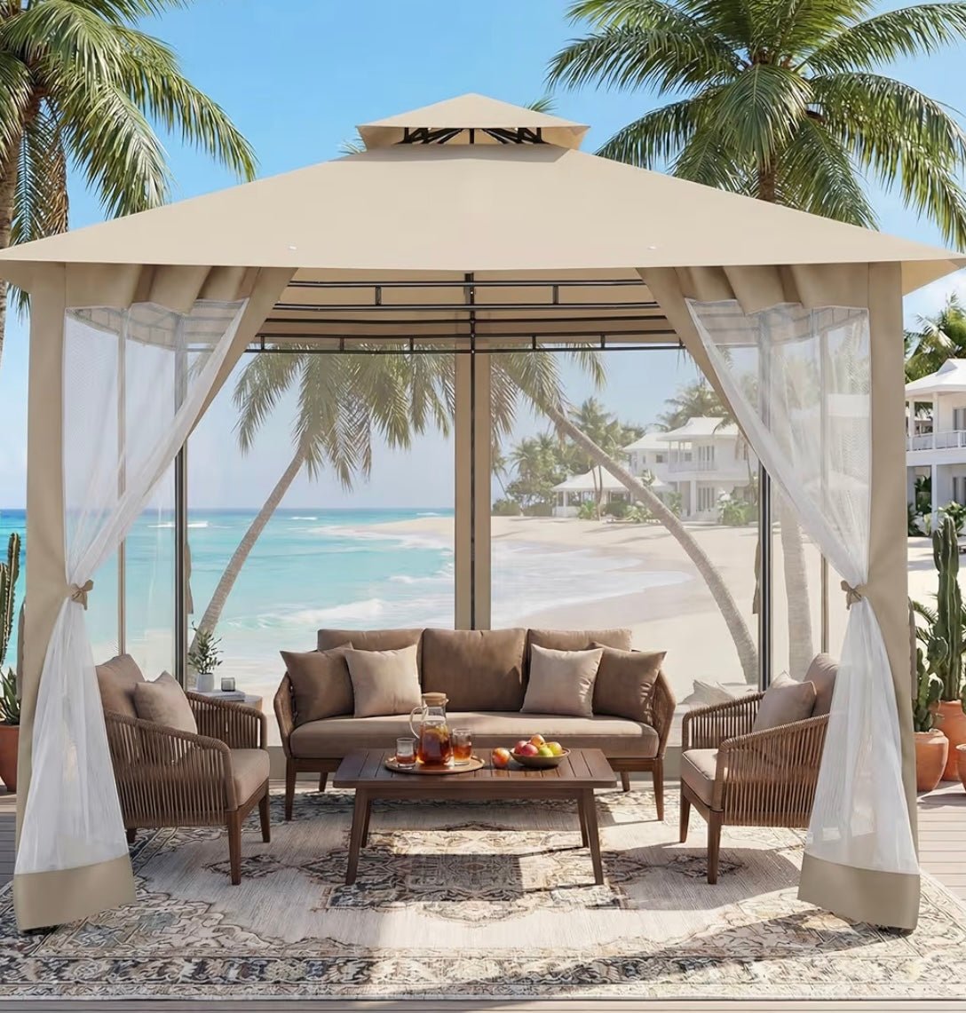 Gazebo Parts Direct Gazebo 10x10 Heavy Duty Gazebos with Improved Nettings Outdoor Gazebo Double Roof Patio Gazebos with Metal Steel Frame Outdoor Canopy for Patio, Deck, Backyard (Khaki)