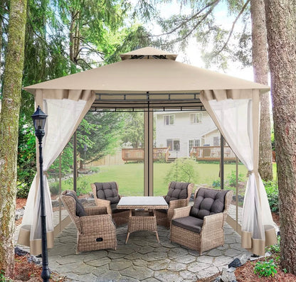 Gazebo Parts Direct Gazebo 10x10 Heavy Duty Gazebos with Improved Nettings Outdoor Gazebo Double Roof Patio Gazebos with Metal Steel Frame Outdoor Canopy for Patio, Deck, Backyard (Khaki)