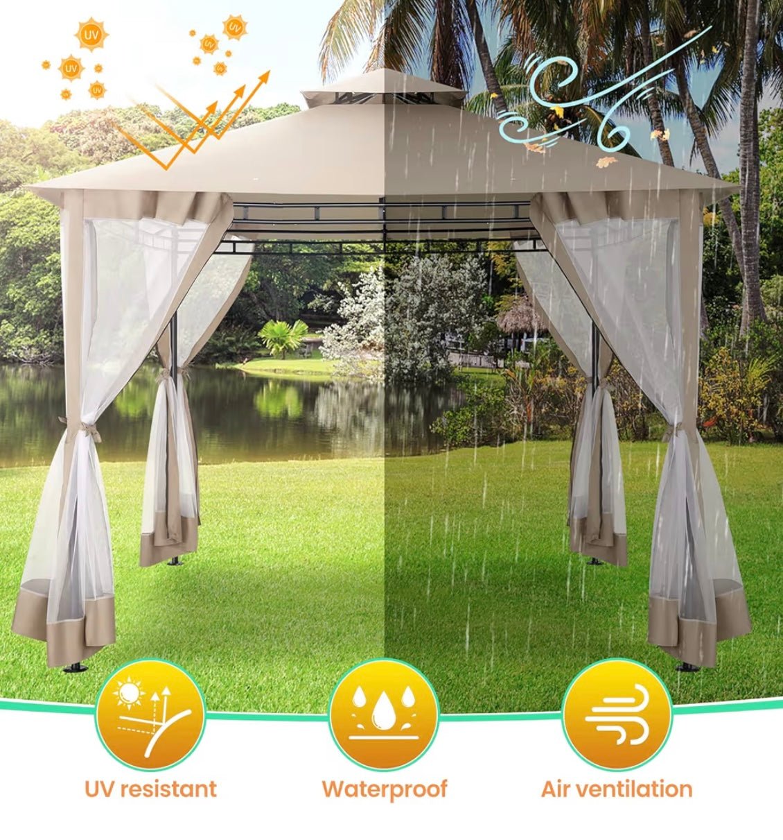 Gazebo Parts Direct Gazebo 10x10 Heavy Duty Gazebos with Improved Nettings Outdoor Gazebo Double Roof Patio Gazebos with Metal Steel Frame Outdoor Canopy for Patio, Deck, Backyard (Khaki)