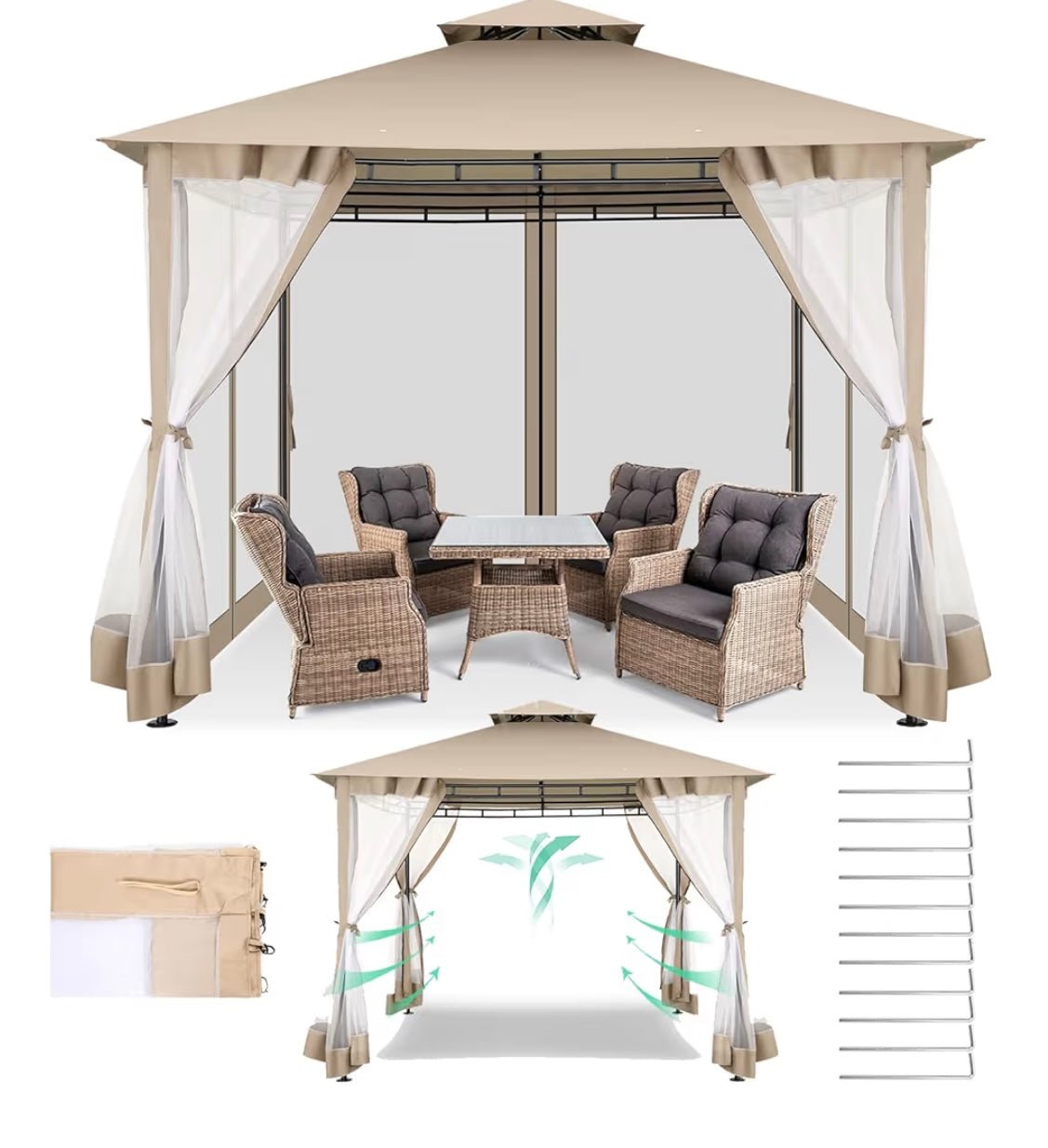Gazebo Parts Direct Gazebo 10x10 Heavy Duty Gazebos with Improved Nettings Outdoor Gazebo Double Roof Patio Gazebos with Metal Steel Frame Outdoor Canopy for Patio, Deck, Backyard (Khaki)