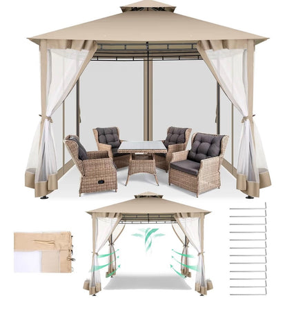 Gazebo Parts Direct Gazebo 10x10 Heavy Duty Gazebos with Improved Nettings Outdoor Gazebo Double Roof Patio Gazebos with Metal Steel Frame Outdoor Canopy for Patio, Deck, Backyard (Khaki)