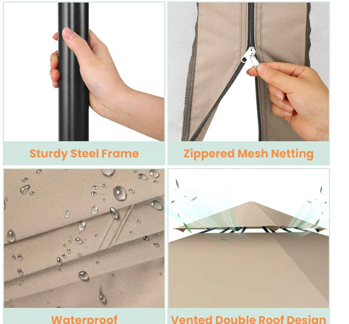 Gazebo Parts Direct Gazebo 10x10 Heavy Duty Gazebos with Improved Nettings Outdoor Gazebo Double Roof Patio Gazebos with Metal Steel Frame Outdoor Canopy for Patio, Deck, Backyard (Khaki)