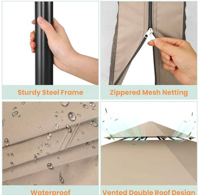 Gazebo Parts Direct Gazebo 10x10 Heavy Duty Gazebos with Improved Nettings Outdoor Gazebo Double Roof Patio Gazebos with Metal Steel Frame Outdoor Canopy for Patio, Deck, Backyard (Khaki)