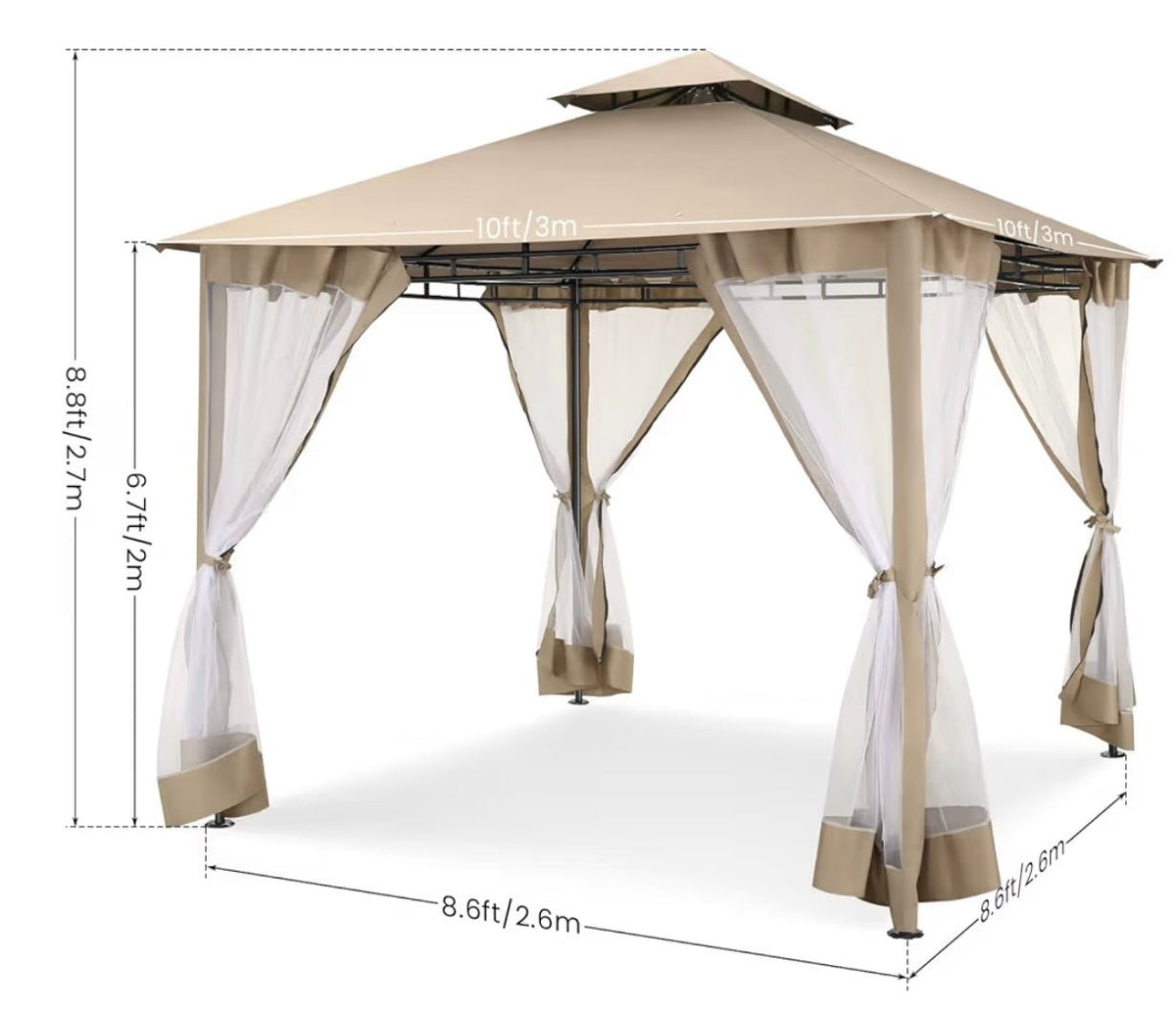 Gazebo Parts Direct Gazebo 10x10 Heavy Duty Gazebos with Improved Nettings Outdoor Gazebo Double Roof Patio Gazebos with Metal Steel Frame Outdoor Canopy for Patio, Deck, Backyard (Khaki)