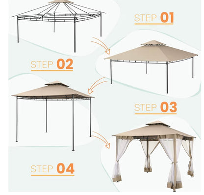 Gazebo Parts Direct Gazebo 10x10 Heavy Duty Gazebos with Improved Nettings Outdoor Gazebo Double Roof Patio Gazebos with Metal Steel Frame Outdoor Canopy for Patio, Deck, Backyard (Khaki)