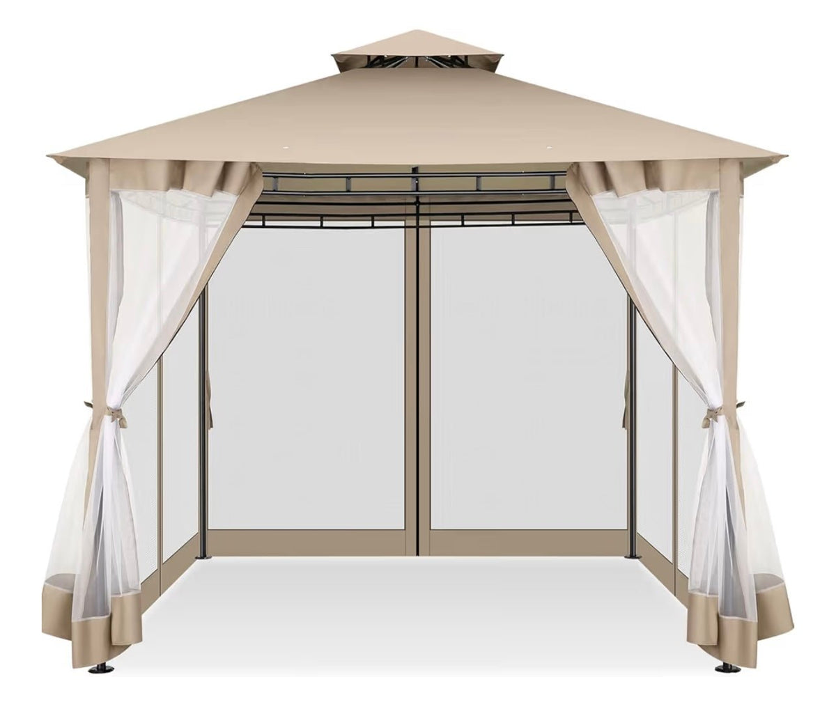 Gazebo Parts Direct Gazebo 10x10 Heavy Duty Gazebos with Improved Nettings Outdoor Gazebo Double Roof Patio Gazebos with Metal Steel Frame Outdoor Canopy for Patio, Deck, Backyard (Khaki)