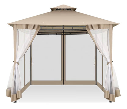 Gazebo Parts Direct Gazebo 10x10 Heavy Duty Gazebos with Improved Nettings Outdoor Gazebo Double Roof Patio Gazebos with Metal Steel Frame Outdoor Canopy for Patio, Deck, Backyard (Khaki)