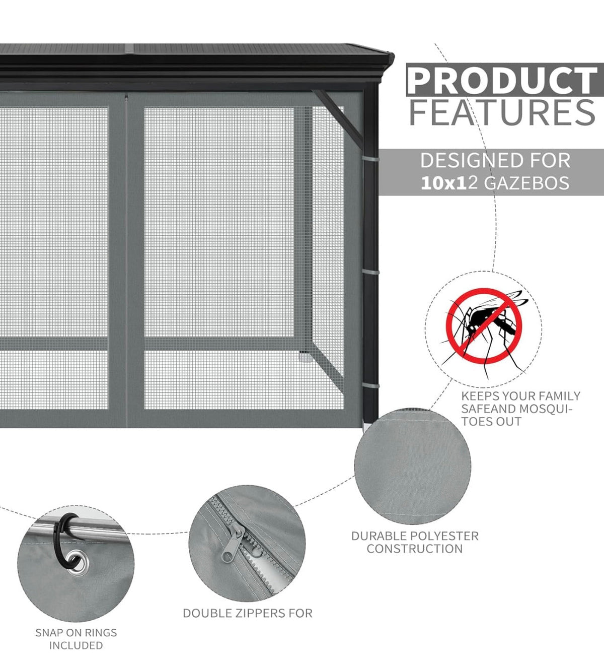 Gazebo Universal Replacement Mosquito Netting, 10' x 12' Outdoor Mesh Netting Screen 4-Panel Sidewall with Zipper for Patio Canopy Garden Porch Pergolas and Backyard, Gray(Mosquito Net Only)