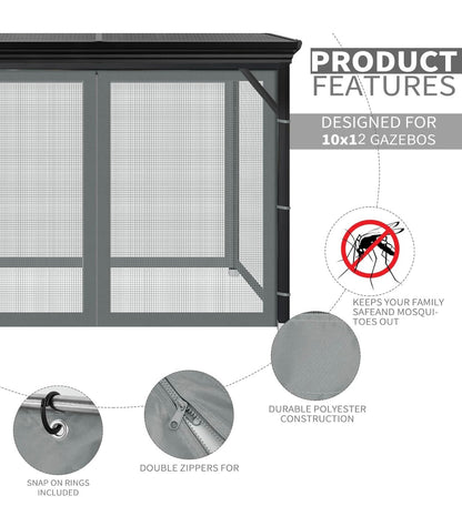 Gazebo Universal Replacement Mosquito Netting, 10' x 12' Outdoor Mesh Netting Screen 4-Panel Sidewall with Zipper for Patio Canopy Garden Porch Pergolas and Backyard, Gray(Mosquito Net Only)